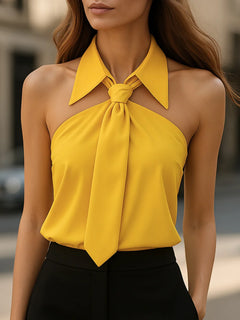 Women's Sleeveless Halter Blouse | Neck Tie Detail &amp; Structured Collar | Loose Fit &amp; Blended Fabric | Khaki | Voxeya in Yellow