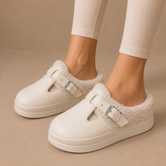 Women's Slippers | Fleece Lined &amp; Cushioned Footbed | Adjustable Buckle | Indoor Comfort | Voxeya in Beige