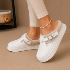 Women's Slippers | Fleece Lined &amp; Cushioned Footbed | Adjustable Buckle | Indoor Comfort | Voxeya in White