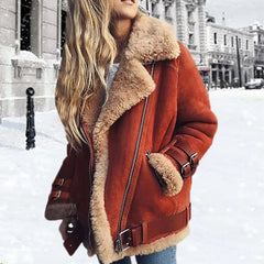 Women's Suede Jacket | Shearling Lining & Buckle Straps | Versatile Layering in Orange