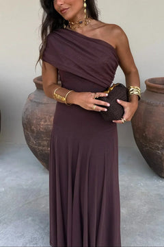Women's Summer Dress | One-Shoulder & Pleated Design | Lightweight & Flattering Fit | Voxeya in Brown