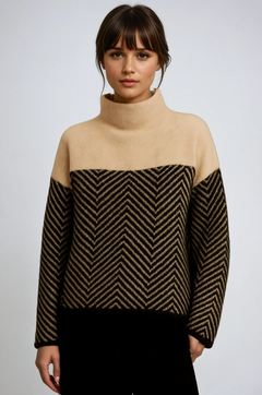Women's Sweater | Two-Tone Chevron Pattern & Relaxed Fit | Soft Knitwear for Cold Weather | Voxeya in Beige