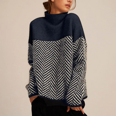 Women's Sweater | Two-Tone Chevron Pattern & Relaxed Fit | Soft Knitwear for Cold Weather | Voxeya in Navy Blue