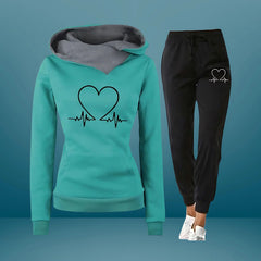 Women's Tracksuit Set | Heartbeat Print &amp; Soft Fleece | Relaxed Fit Casual Wear | Voxeya in Green