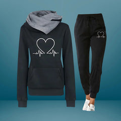 Women's Tracksuit Set | Heartbeat Print &amp; Soft Fleece | Relaxed Fit Casual Wear | Voxeya in Black