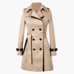 Women's Trench Coat | Belted Waist & Contrast Detailing | Mid-Length Classic Fit | Voxeya in Khaki