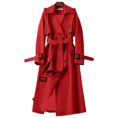 Women's Trench Coat | Belted Waist & Wide Lapels | Longline Fit | Casual & Smart | Voxeya in Red