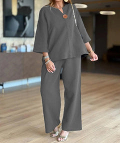 Women's Tunic & Wide Leg Palazzo Pants Set | Relaxed Fit & 3/4 Sleeve | Casual & Smart Wear | Voxeya in Gray