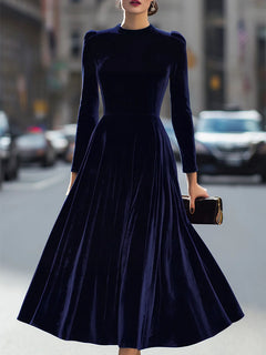 Women's Velvet Midi Dress | Long Sleeve & Fitted Bodice | Evening & Formal Wear | Voxeya in Navy Blue