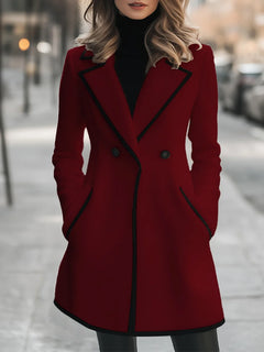 Women's Winter Coat | Double-Breasted &amp; Black Trim | Loose Fit for Casual &amp; Smart Wear | Voxeya in Red