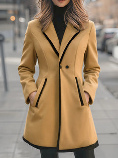 Women's Winter Coat | Double-Breasted &amp; Black Trim | Loose Fit for Casual &amp; Smart Wear | Voxeya in Camel