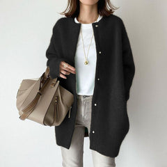 Women's Wool Cardigan | Suede Accents & Relaxed Fit | Cozy Layering | Voxeya in Black