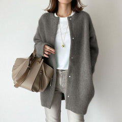 Women's Wool Cardigan | Suede Accents & Relaxed Fit | Cozy Layering | Voxeya in Gray