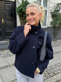 Women's Wool Coat | Stand Collar & Structured Fit | Layering Essential | Voxeya in Dark Blue