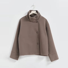 Women's Wool Coat | Stand Collar & Structured Fit | Layering Essential | Voxeya in Taupe