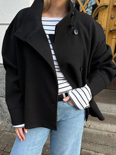 Women's Wool Coat | Stand Collar & Structured Fit | Layering Essential | Voxeya in Black