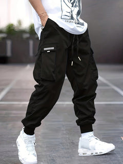 Men's Drawstring Cargo Jogger Trousers | Tapered Street-Style Adjustable Relaxed Fit for Summer Wear & Everyday Wear in Black