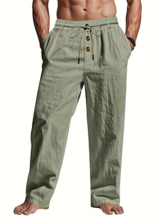 Men's Drawstring Trousers | Lightweight Button-Accent Relaxed Fit for Summer Wear, Holiday Wear & Everyday Wear in Green