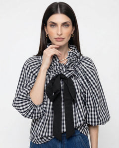 Women's Cotton Blend Lantern-Sleeve Blouse | Ruffled-Collar Bow-Tie Oversized Fit for Office Wear & Everyday Wear in Checkered