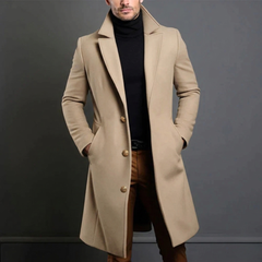 Men's Refined Slim-Fit Notched-Lapel Long Coat | Sleek Tailored Fit for Cold Weather Layering & Autumn & Winter Wear in Brown