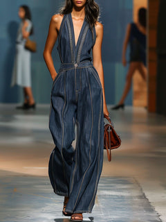 Women's Denim Wide-Leg Jumpsuit | V-Neck Sleeveless Pocketed Retro-Style Loose Fit for Everyday Wear & Smart Casual Wear in Dark Blue
