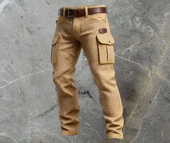 Men's Waffle-Textured Cargo Trousers | Flap-Pocket Patterned Tailored Slim Fit for Everyday Wear & Smart Casual Wear in Beige