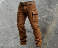 Men's Waffle-Textured Cargo Trousers | Flap-Pocket Patterned Tailored Slim Fit for Everyday Wear & Smart Casual Wear in Dark Brown
