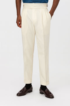 Men's High-Waist Pleated Trousers | Drawstring Turned-Up-Cuff Tailored Fit for Office Wear & Smart Casual Wear in White