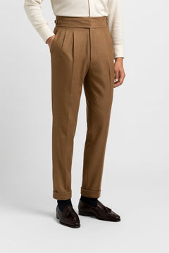 Men's High-Waist Pleated Trousers | Drawstring Turned-Up-Cuff Tailored Fit for Office Wear & Smart Casual Wear in Khaki