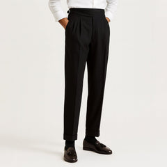 Men's High-Waist Pleated Trousers | Drawstring Turned-Up-Cuff Tailored Fit for Office Wear & Smart Casual Wear in Black