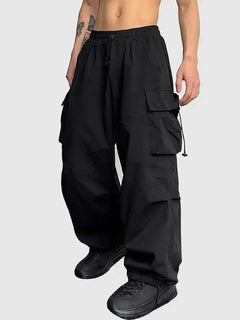 Men's Wide-Leg Practical Cargo Trousers | Adjustable Toggle-Cuff Relaxed Fit for Everyday Wear & Smart Casual Wear in Black