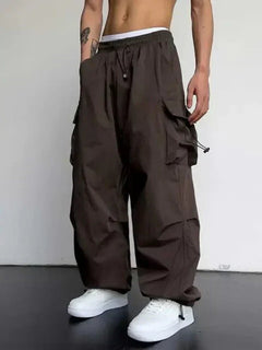 Men's Wide-Leg Practical Cargo Trousers | Adjustable Toggle-Cuff Relaxed Fit for Everyday Wear & Smart Casual Wear in Dark Brown