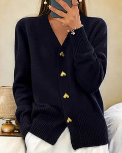 Women's V-Neck Knit Cardigan | Soft Relaxed Fit for Autumn, Winter & Everyday Layering in Black