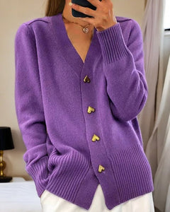 Women's V-Neck Knit Cardigan | Soft Relaxed Fit for Autumn, Winter & Everyday Layering in Violet