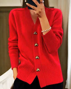 Women's V-Neck Knit Cardigan | Soft Relaxed Fit for Autumn, Winter & Everyday Layering in Red