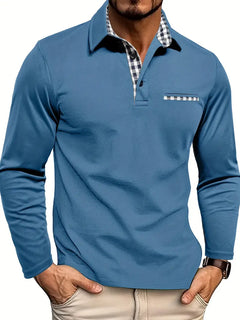 Men's Cotton Blend Polo Shirt | Long-Sleeve Classic Smart-Casual Layerable Fit for Office Wear & Smart Casual Wear in Blauw
