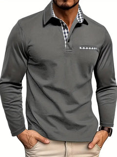 Men's Cotton Blend Polo Shirt | Long-Sleeve Classic Smart-Casual Layerable Fit for Office Wear & Smart Casual Wear in Grijs