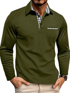 Men's Cotton Blend Polo Shirt | Long-Sleeve Classic Smart-Casual Layerable Fit for Office Wear & Smart Casual Wear in Groen