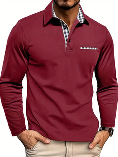 Men's Cotton Blend Polo Shirt | Long-Sleeve Classic Smart-Casual Layerable Fit for Office Wear & Smart Casual Wear in Rood