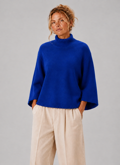 Women's Sweater | Black Turtleneck & Wide Sleeves | Relaxed Fit & Ribbed Trim | Voxeya in Blue