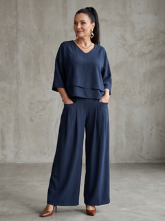 Women's Linen Two-Piece Set | Layered Tunic Wide-Leg Palazzo Fit for Summer Wear, Holiday Wear & Everyday Wear in Navy