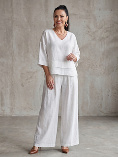 Women's Linen Two-Piece Set | Layered Tunic Wide-Leg Palazzo Fit for Summer Wear, Holiday Wear & Everyday Wear in White