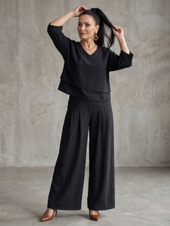 Women's Linen Two-Piece Set | Layered Tunic Wide-Leg Palazzo Fit for Summer Wear, Holiday Wear & Everyday Wear in Black