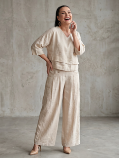 Women's Linen Two-Piece Set | Layered Tunic Wide-Leg Palazzo Fit for Summer Wear, Holiday Wear & Everyday Wear in Beige