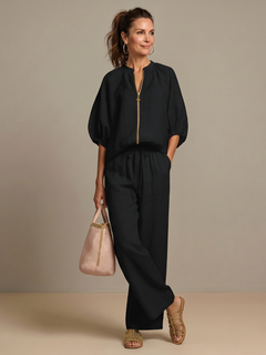 Women's Peasant Two-Piece Set | Puff-Sleeve Wide-Leg Relaxed Fit for Everyday Wear, Smart Casual Wear & Summer Wear in Black