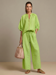 Women's Peasant Two-Piece Set | Puff-Sleeve Wide-Leg Relaxed Fit for Everyday Wear, Smart Casual Wear & Summer Wear in Green