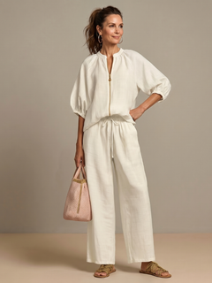 Women's Peasant Two-Piece Set | Puff-Sleeve Wide-Leg Relaxed Fit for Everyday Wear, Smart Casual Wear & Summer Wear in White