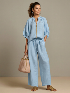 Women's Peasant Two-Piece Set | Puff-Sleeve Wide-Leg Relaxed Fit for Everyday Wear, Smart Casual Wear & Summer Wear in Blue