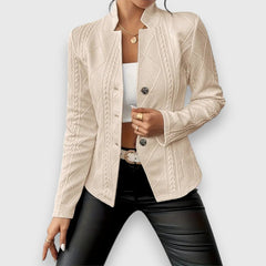 Women's Knit Jumper | Cable-Knit Mock-Neck Long-Sleeve Textured Slim Fit for Office Wear & Cold Weather Layering in Beige
