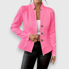 Women's Knit Jumper | Cable-Knit Mock-Neck Long-Sleeve Textured Slim Fit for Office Wear & Cold Weather Layering in Pink